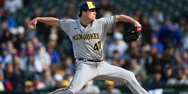 Gus Varland of the Milwaukee Brewers pitches against the Cubs at Wrigley Field on April 2, 2023, in Chicago.