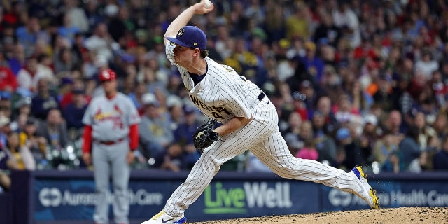 Gus Varland of the Brewers throws a pitch against the St. Louis Cardinals at American Family Field on April 8, 2023, in Milwaukee.