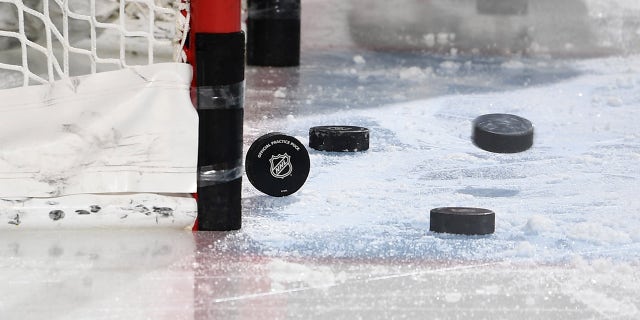 A general view of pucks during warm-ups prior to a game between the Dallas Stars and the Arizona Coyotes at Mullett Arena March 31, 2023, in Tempe, Ariz.