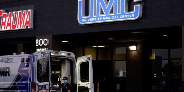 An ambulance is parked at the University Medical Center in Las Vegas on Oct. 12, 2020.