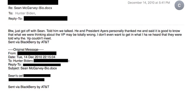 Hunter Biden and Chuck Harple exchange emails in December 2010.