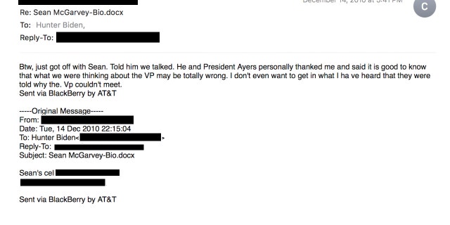 Hunter Biden and Chuck Harple exchange emails in December 2010.