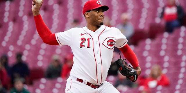 Reds starting pitcher Hunter Greene pitches against the Tampa Bay Rays, Monday, April 17, 2023, in Cincinnati.