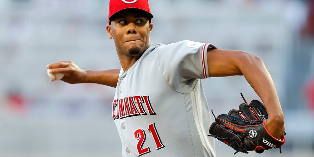 Hunter Greene of the Cincinnati Reds faces the Braves at Truist Park on April 12, 2023, in Atlanta.