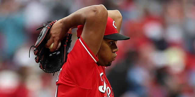 Hunter Greene of the Cincinnati Reds pitches against the Phillies at Citizens Bank Park on April 7, 2023, in Philadelphia.