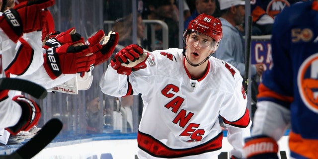 Martin Necas celebrates goal