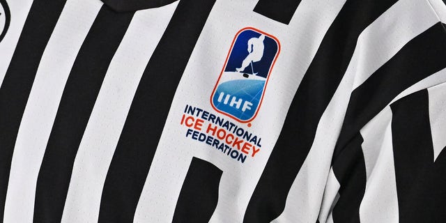 A view of the IIHF logo on a referee's shirt during the second period between Team Latvia and Team Austria in the relegation round of the 2023 IIHF World Junior Championship at Scotiabank Centre Jan. 2, 2023, in Halifax, Nova Scotia, Canada.