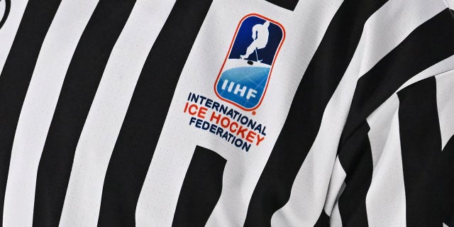 A view of the IIHF logo on a referee's shirt during the second period between Team Latvia and Team Austria in the relegation round of the 2023 IIHF World Junior Championship at Scotiabank Centre Jan. 2, 2023, in Halifax, Nova Scotia, Canada.