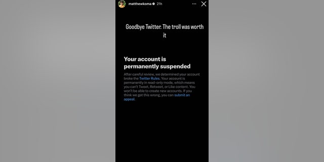 Matthew Koma said that "the troll" was worth being banned from Twitter.