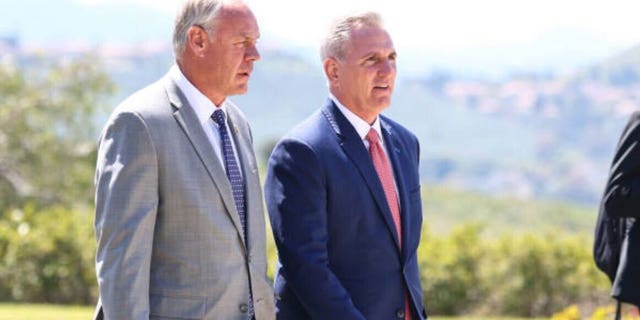 Rep. Ryan Zinke, R-Mont., walks alongside House Speaker Kevin McCarthy, R-Calif., ahead of a meeting with Taiwanese President Tsai Ing-wen on Wednesday, April 5, 2023.