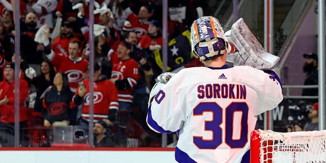 New York Islanders goaltender Ilya Sorokin (30) takes a drink after a goal by Carolina Hurricanes' Stefan Noesen during the second period of Game 1 of an NHL hockey Stanley Cup first-round playoff series in Raleigh, N.C., Monday, April 17, 2023.