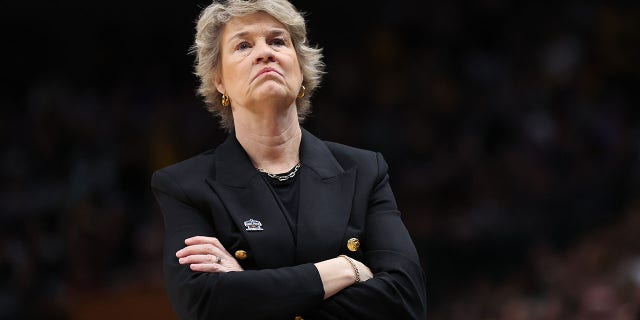 Head coach Lisa Bluder of the Iowa Hawkeyes in the first quarter against the South Carolina Gamecocks during the 2023 NCAA Tournament Final Four at American Airlines Center March 31, 2023, in Dallas, Texas.