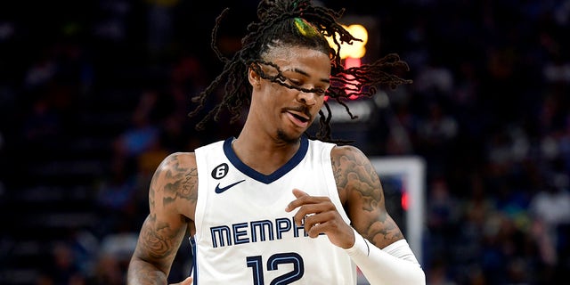 Memphis Grizzlies guard Ja Morant, #12, plays in the first half of an NBA basketball game against the Portland Trail Blazers Tuesday, April 4, 2023, in Memphis, Tennessee.