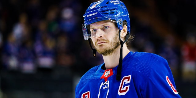 Jacob Trouba #8 of the New York Rangers skates during warmups prior to the game against the Toronto Maple Leafs at Madison Square Garden on April 13, 2023 in New York City.