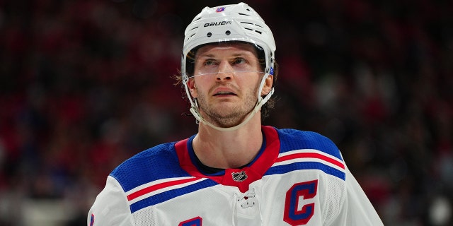 Jacob Trouba #8 of the New York Rangers is seen during the first period against the Carolina Hurricanes at PNC Arena on March 23, 2023 in Raleigh, North Carolina.