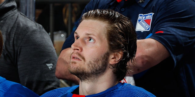 Jacob Trouba #8 of the New York Rangers looks on against the Tampa Bay Lightning at Madison Square Garden on April 5, 2023 in New York City.