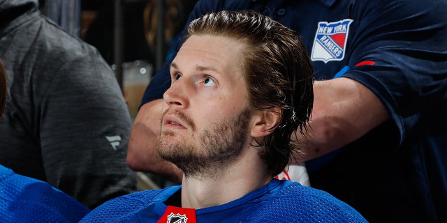Jacob Trouba #8 of the New York Rangers looks on against the Tampa Bay Lightning at Madison Square Garden on April 5, 2023 in New York City.