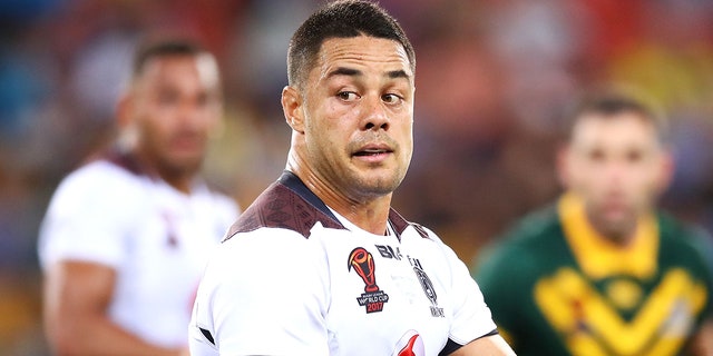 Fiji's Jarryd Hayne runs the ball during the Rugby League World Cup semi-final match against the Kangaroos at Suncorp Stadium on November 24, 2017 in Brisbane, Australia.