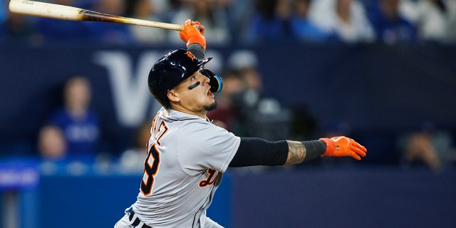 Javier Baez of the Detroit Tigers flies out against the Blue Jays at Rogers Centre on April 12, 2023, in Toronto, Canada.