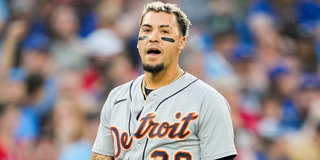 Javier Baez of the Detroit Tigers reacts to getting called out on a double play after forgetting to tag up against the Blue Jays at the Rogers Centre on April 13, 2023, in Toronto.