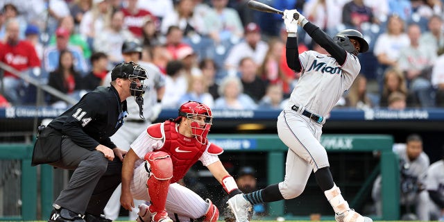 Jazz Chisholm Jr. #2 of the Miami Marlins swings at a pitch during the first inning against the Philadelphia Phillies at Citizens Bank Park on April 11, 2023 in Philadelphia, Pennsylvania.
