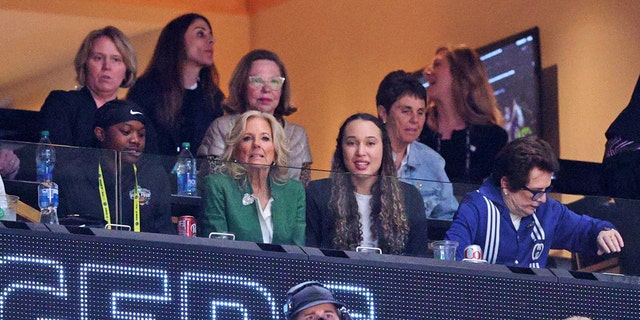 First Lady Jill Biden (green jacket) with Billie Jean King (blue jacket) prior to the game between the LSU Lady Tigers and Iowa Hawkeyes during the 2023 NCAA Women's Basketball Tournament championship game at American Airlines Center on April 02, 2023 in Dallas, Texas.
