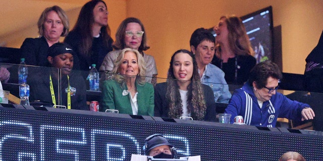 First Lady Jill Biden (green jacket) with Billie Jean King (blue jacket) prior to the game between the LSU Lady Tigers and Iowa Hawkeyes during the 2023 NCAA Women's Basketball Tournament championship game at American Airlines Center on April 02, 2023 in Dallas, Texas.