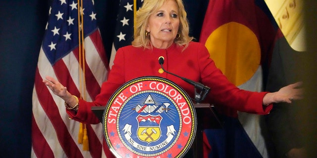 First lady Jill Biden speaks during a stop to attend a roundtable discussion on the federal workforce training program to help community college students earn certificates for entry-level jobs Monday, April 3, 2023, inside the State Capitol in Denver.