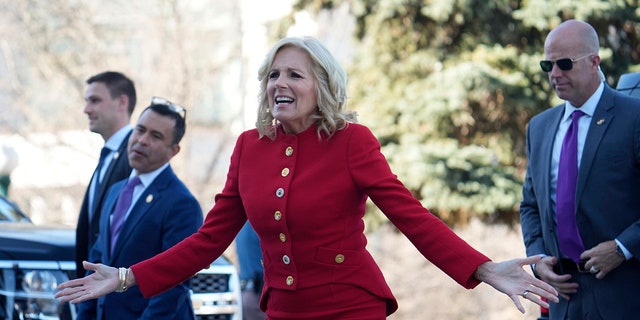 First lady Jill Biden greets lawmakers during a stop to attend a roundtable discussion on the federal workforce training program to help community college students earn certificates for entry-level jobs Monday, April 3, 2023, outside the State Capitol in Denver.