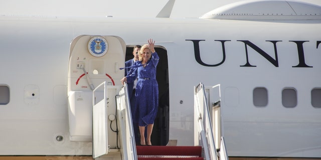 First lady Jill Biden exits the Executive One Foxtrot upon her arrival at the Jomo Kenyatta International Airport (JKIA) in Nairobi. 
