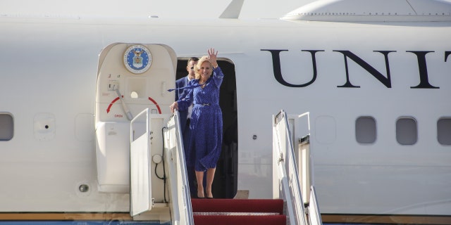 First lady Jill Biden exits the Executive One Foxtrot upon her arrival at the Jomo Kenyatta International Airport (JKIA) in Nairobi.