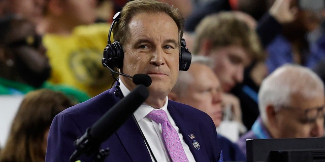 Announcer Jim Nantz calling his final NCAA basketball game, between the San Diego State Aztecs and Connecticut Huskies, at NRG Stadium on April 3, 2023, in Houston, Texas.