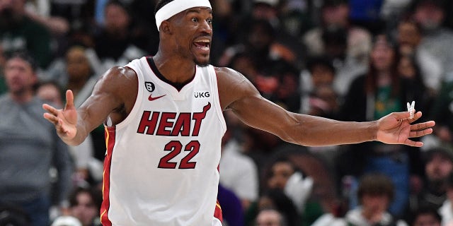 Miami Heat forward Jimmy Butler, #22, argues a second half call against the Milwaukee Bucks during Game 1 of the 2023 NBA Playoffs at the Fiserv Forum in Milwaukee on April 16, 2023.