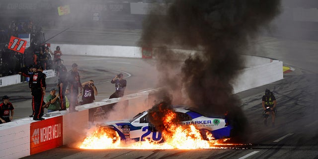 John Hunter Nemechek was burning out his tires in front of his team after their win but his wheels caught fire.