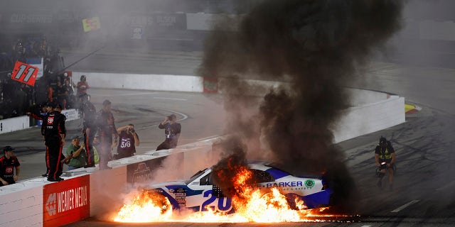 John Hunter Nemechek was burning out his tires in front of his team after their win but his wheels caught fire.