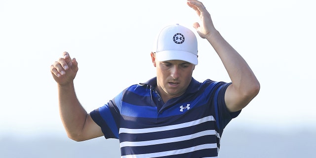 Jordan Spieth of the United States reacts to his missed putt on the first playoff hole during the final round of the RBC Heritage at Harbor Town Golf Links on April 16, 2023 in Hilton Head Island, South Carolina.