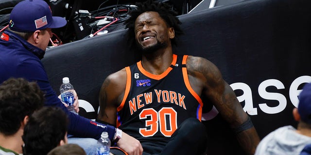 New York Knicks forward Julius Randle reacts after being fouled by Cleveland Cavaliers center Jarrett Allen during the second half of Game 2 of an NBA basketball first-round playoff series, Tuesday, April 18, 2023, in Cleveland.