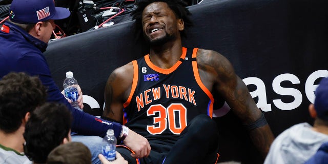 New York Knicks forward Julius Randle reacts after being fouled by Cleveland Cavaliers center Jarrett Allen during the second half of Game 2 of an NBA basketball first-round playoff series, Tuesday, April 18, 2023, in Cleveland.