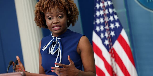 White House press secretary Karine Jean-Pierre speaks at a press conference on Tuesday.