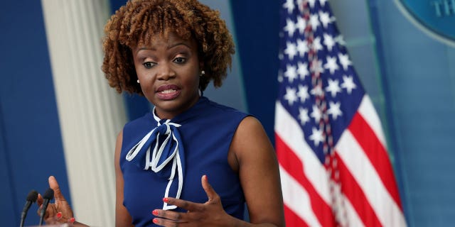 White House Press Secretary Karine Jean-Pierre speaks at a press conference on Tuesday.