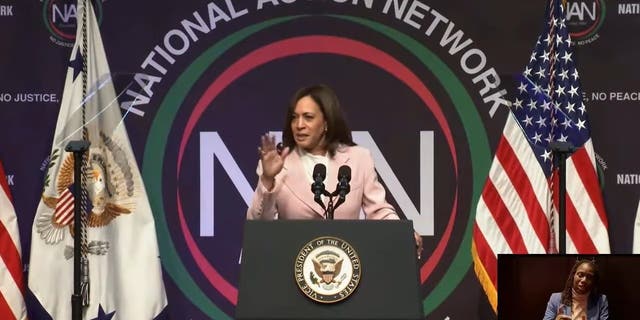 Vice President Kamala Harris speaking at the 2023 National Action Network Conference.