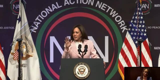Vice President Kamala Harris speaking at the 2023 National Action Network Conference.