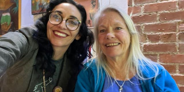 Wyoming House Democrat Whip Karlee Provenza, left, posted a Facebook story showing a person wearing a transgender flag outfit and holding an assault rifle less than a week after a mass shooting at the Covenant School.