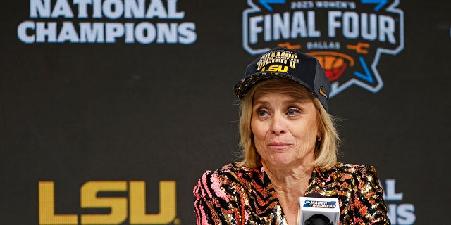Head coach Kim Mulkey of the LSU Lady Tigers speaks during a press conference after winning the NCAA Women's Basketball Tournament championship at American Airlines Center on April 2, 2023, in Dallas, Texas.