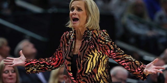 Head coach Kim Mulkey of the LSU Lady Tigers reacts during the championship game against the Iowa Hawkeyes on April 2, 2023, in Dallas, Texas.