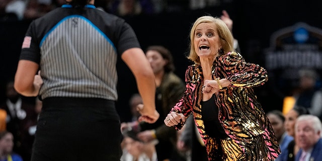 LSU head coach Kim Mulkey reacts during the second half of the NCAA Women's Final Four championship basketball game against Iowa.