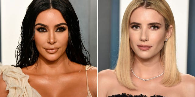 Kim Kardashian and Emma Roberts shown side by side