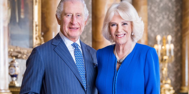 Queen Consort Camilla wears royal blue dress with King Charles