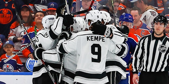 The Los Angeles score the game-tying goal in the third period of game one in the Western Conference First Round of the Edmonton Oilers versus the Los Angeles Kings on April 17, 2023 at Rogers Place in Edmonton, AB.