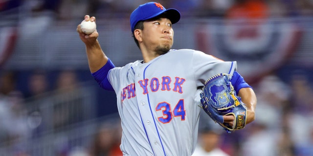 Kodai Senga, #34 of the New York Mets, delivers a pitch against the Miami Marlins during the first inning of the game at loanDepot park on April 2, 2023 in Miami.